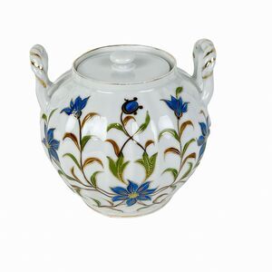 Jar Lid White Ceramic Blue Flowers Gold Trim Side Handles Decorative 4.75" Tall